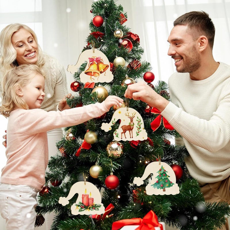 Sophena Large Christmas Wooden Ornaments to Paint 10Pcs, DIY Blank Unfinished Santa Hat Wood Cutout Ornament for Crafts Hanging Decorations, Halloween Thanksgiving Wedding Birthday Party Decoration - Image 3